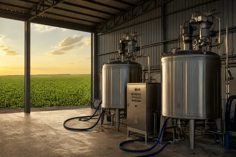 Biorreatores de aço inox instalados em um galpão de fazenda