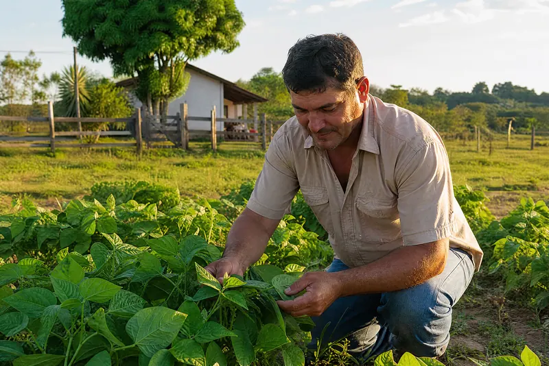Produtor conferindo as plantas de feijão em uma pequena propriedade